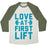 Virgin Teez  Baseball Tee Unisex Tri-Blend Baseball Tee / small / Oatmeal / Moss LOVE AT FIRST LIFT UNISEX TRI-BLEND BASEBALL TEE