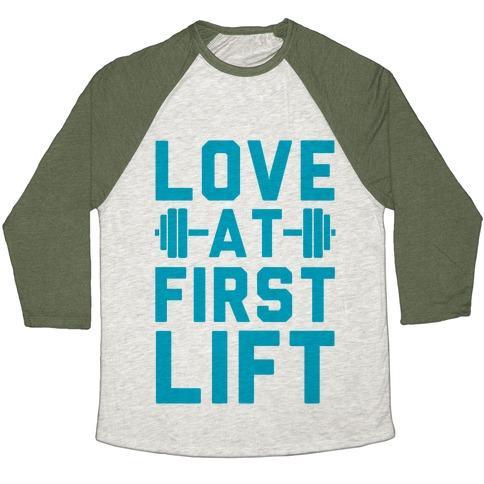 Virgin Teez  Baseball Tee Unisex Tri-Blend Baseball Tee / small / Oatmeal / Moss LOVE AT FIRST LIFT UNISEX TRI-BLEND BASEBALL TEE