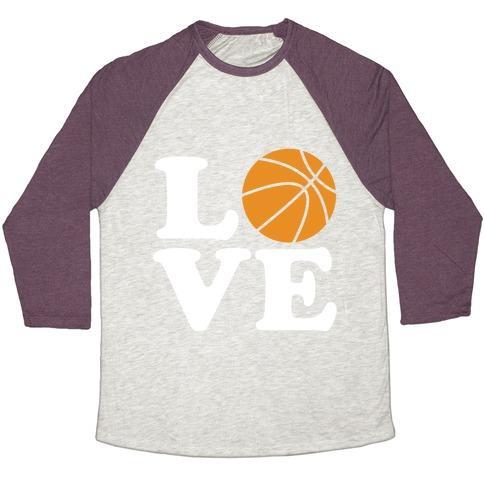 Virgin Teez  Baseball Tee Unisex Tri-Blend Baseball Tee / small / Oatmeal / Maroon LOVE BASKETBALL UNISEX TRI-BLEND BASEBALL TEE