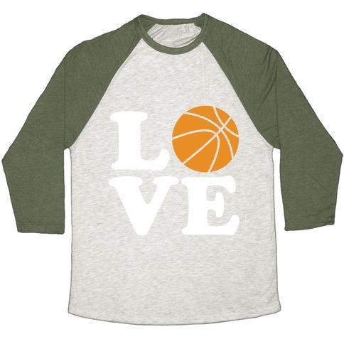 Virgin Teez  Baseball Tee Unisex Tri-Blend Baseball Tee / small / Oatmeal / Moss LOVE BASKETBALL UNISEX TRI-BLEND BASEBALL TEE