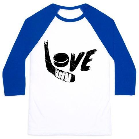 Virgin Teez  Baseball Tee Unisex Classic Baseball Tee / x-small / White/Blue LOVE HOCKEY (DISTRESSED) UNISEX CLASSIC BASEBALL TEE