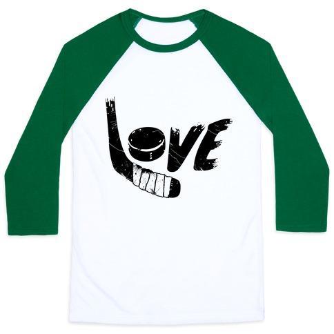 Virgin Teez  Baseball Tee Unisex Classic Baseball Tee / x-small / White/Dark Green LOVE HOCKEY (DISTRESSED) UNISEX CLASSIC BASEBALL TEE