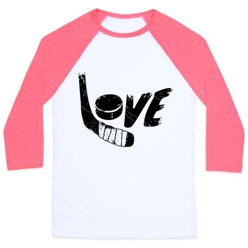Virgin Teez  Baseball Tee Unisex Classic Baseball Tee / x-small / White/Neon Pink LOVE HOCKEY (DISTRESSED) UNISEX CLASSIC BASEBALL TEE