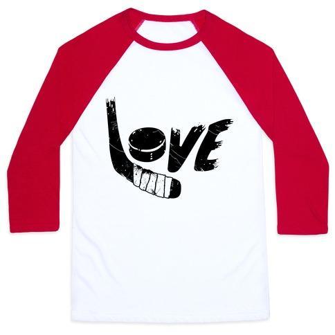 Virgin Teez  Baseball Tee Unisex Classic Baseball Tee / x-small / White/Red LOVE HOCKEY (DISTRESSED) UNISEX CLASSIC BASEBALL TEE