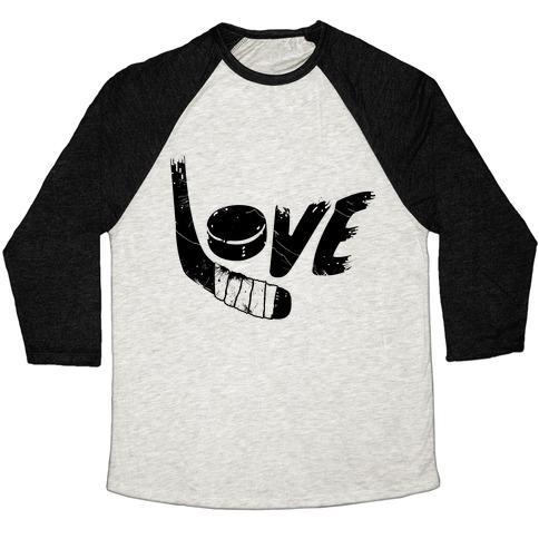 Virgin Teez  Baseball Tee Unisex Tri-Blend Baseball Tee / small / Oatmeal / Black LOVE HOCKEY (DISTRESSED) UNISEX TRI-BLEND BASEBALL TEE