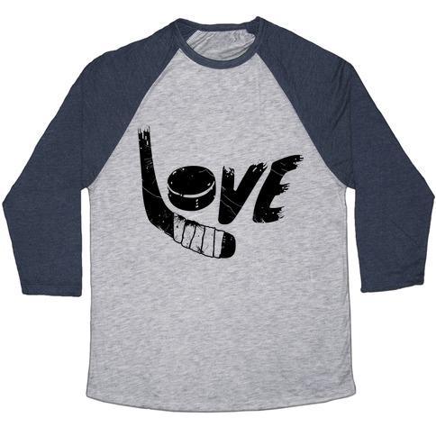 Virgin Teez  Baseball Tee Unisex Tri-Blend Baseball Tee / small / Athletic Gray / Navy LOVE HOCKEY (DISTRESSED) UNISEX TRI-BLEND BASEBALL TEE
