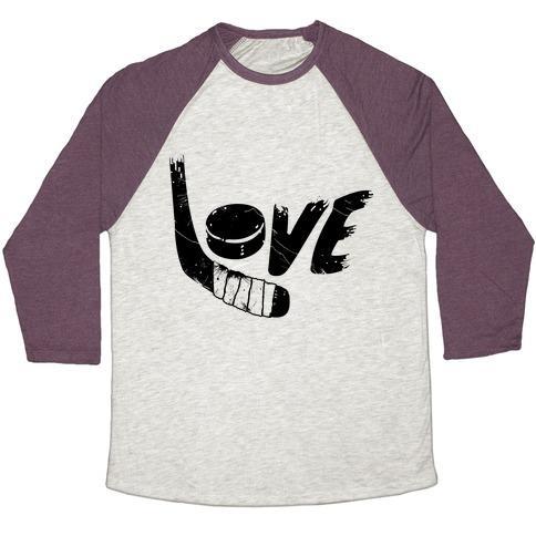 Virgin Teez  Baseball Tee Unisex Tri-Blend Baseball Tee / small / Oatmeal / Maroon LOVE HOCKEY (DISTRESSED) UNISEX TRI-BLEND BASEBALL TEE
