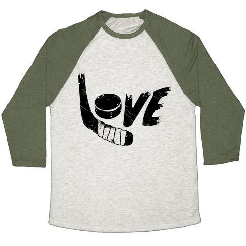 Virgin Teez  Baseball Tee Unisex Tri-Blend Baseball Tee / small / Oatmeal / Moss LOVE HOCKEY (DISTRESSED) UNISEX TRI-BLEND BASEBALL TEE