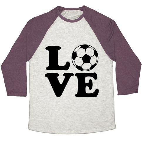 Virgin Teez  Baseball Tee Unisex Tri-Blend Baseball Tee / small / Oatmeal / Maroon LOVE SOCCER UNISEX TRI-BLEND BASEBALL TEE