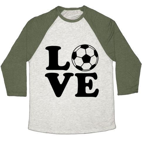 Virgin Teez  Baseball Tee Unisex Tri-Blend Baseball Tee / small / Oatmeal / Moss LOVE SOCCER UNISEX TRI-BLEND BASEBALL TEE