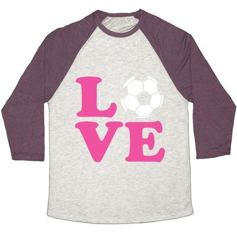 Virgin Teez  Baseball Tee Unisex Tri-Blend Baseball Tee / small / Oatmeal / Maroon LOVE SOCCER UNISEX TRI-BLEND BASEBALL TEE