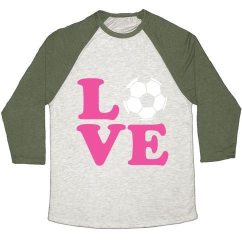 Virgin Teez  Baseball Tee Unisex Tri-Blend Baseball Tee / small / Oatmeal / Moss LOVE SOCCER UNISEX TRI-BLEND BASEBALL TEE
