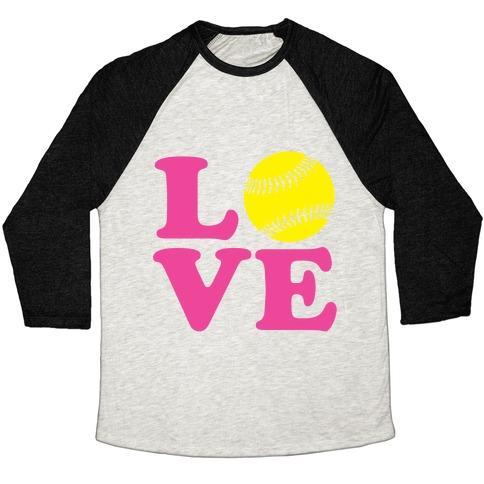 Virgin Teez  Baseball Tee Unisex Tri-Blend Baseball Tee / small / Oatmeal / Black LOVE SOFTBALL UNISEX TRI-BLEND BASEBALL TEE