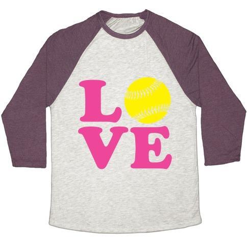 Virgin Teez  Baseball Tee Unisex Tri-Blend Baseball Tee / small / Oatmeal / Maroon LOVE SOFTBALL UNISEX TRI-BLEND BASEBALL TEE