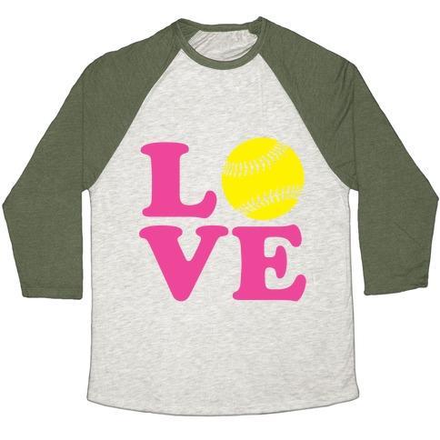 Virgin Teez  Baseball Tee Unisex Tri-Blend Baseball Tee / small / Oatmeal / Moss LOVE SOFTBALL UNISEX TRI-BLEND BASEBALL TEE