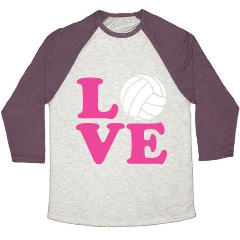 Virgin Teez  Baseball Tee Unisex Tri-Blend Baseball Tee / small / Oatmeal / Maroon LOVE VOLLEYBALL UNISEX TRI-BLEND BASEBALL TEE