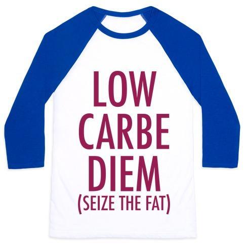 Virgin Teez  Baseball Tee Unisex Classic Baseball Tee / x-small / White/Blue LOW CARBE DIEM SIZE THE FAT UNISEX CLASSIC BASEBALL TEE