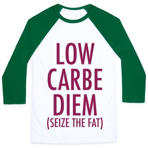 Virgin Teez  Baseball Tee Unisex Classic Baseball Tee / x-small / White/Dark Green LOW CARBE DIEM SIZE THE FAT UNISEX CLASSIC BASEBALL TEE