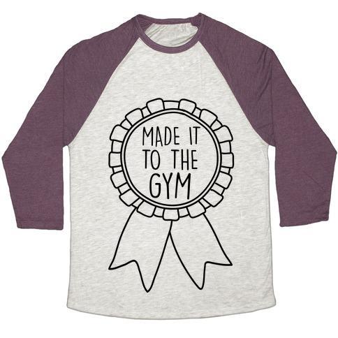 Virgin Teez  Baseball Tee Unisex Tri-Blend Baseball Tee / small / Oatmeal / Maroon MADE IT TO THE GYM AWARD RIBBON UNISEX TRI-BLEND BASEBALL TEE
