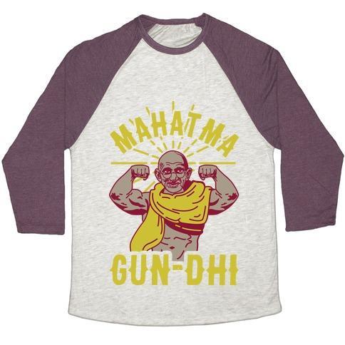 Virgin Teez  Baseball Tee Unisex Tri-Blend Baseball Tee / small / Oatmeal / Maroon MAHATMA GUN-DHI UNISEX TRI-BLEND BASEBALL TEE
