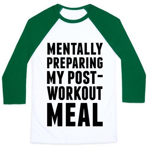Virgin Teez  Baseball Tee Unisex Classic Baseball Tee / x-small / White/Dark Green MENTALLY PREPARING MY POST-WORKOUT MEAL UNISEX CLASSIC BASEBALL TEE