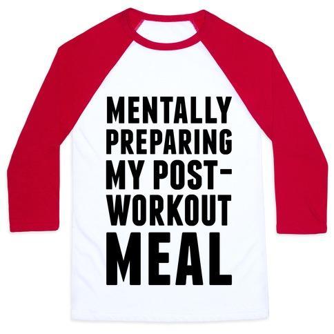 Virgin Teez  Baseball Tee Unisex Classic Baseball Tee / x-small / White/Red MENTALLY PREPARING MY POST-WORKOUT MEAL UNISEX CLASSIC BASEBALL TEE
