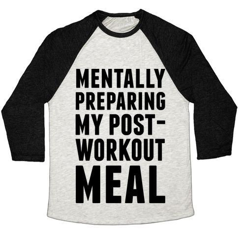 Virgin Teez  Baseball Tee Unisex Tri-Blend Baseball Tee / small / Oatmeal / Black MENTALLY PREPARING MY POST-WORKOUT MEAL UNISEX TRI-BLEND BASEBALL TEE