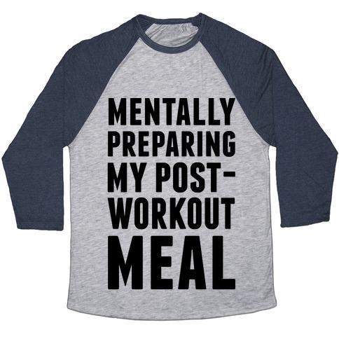 Virgin Teez  Baseball Tee Unisex Tri-Blend Baseball Tee / small / Athletic Gray / Navy MENTALLY PREPARING MY POST-WORKOUT MEAL UNISEX TRI-BLEND BASEBALL TEE