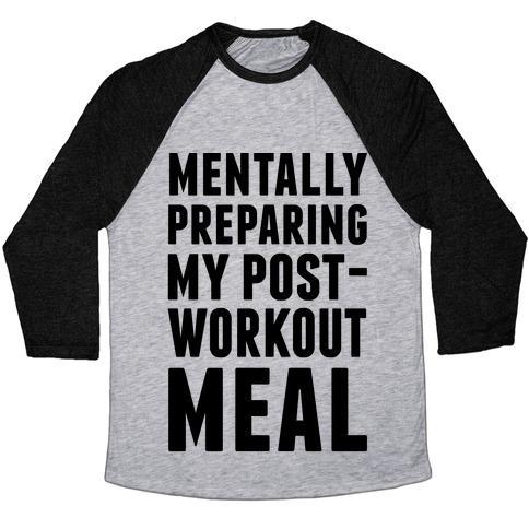 Virgin Teez  Baseball Tee Unisex Tri-Blend Baseball Tee / small / Athletic Gray / Black MENTALLY PREPARING MY POST-WORKOUT MEAL UNISEX TRI-BLEND BASEBALL TEE