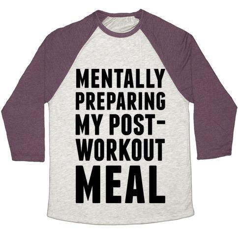 Virgin Teez  Baseball Tee Unisex Tri-Blend Baseball Tee / small / Oatmeal / Maroon MENTALLY PREPARING MY POST-WORKOUT MEAL UNISEX TRI-BLEND BASEBALL TEE