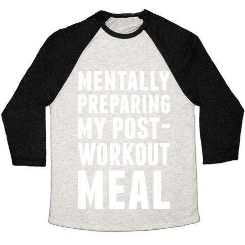 Virgin Teez  Baseball Tee Unisex Tri-Blend Baseball Tee / small / Oatmeal / Black MENTALLY PREPARING MY POST-WORKOUT MEAL UNISEX TRI-BLEND BASEBALL TEE