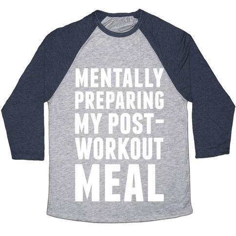 Virgin Teez  Baseball Tee Unisex Tri-Blend Baseball Tee / small / Athletic Gray / Navy MENTALLY PREPARING MY POST-WORKOUT MEAL UNISEX TRI-BLEND BASEBALL TEE