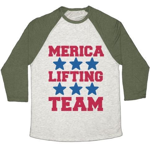 Virgin Teez  Baseball Tee Unisex Tri-Blend Baseball Tee / small / Oatmeal / Moss MERICA LIFTING TEAM UNISEX TRI-BLEND BASEBALL TEE