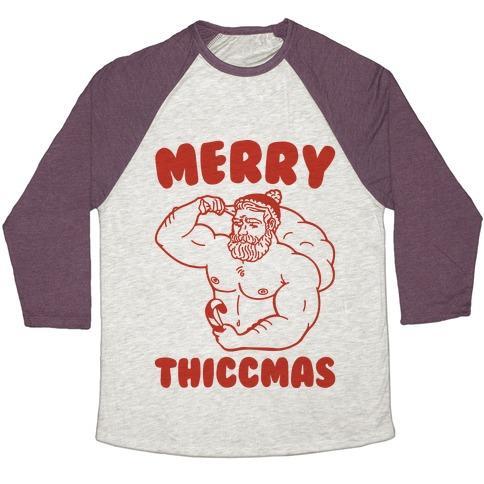 Virgin Teez  Baseball Tee Unisex Tri-Blend Baseball Tee / small / Oatmeal / Maroon MERRY THICCMAS PARODY UNISEX TRI-BLEND BASEBALL TEE