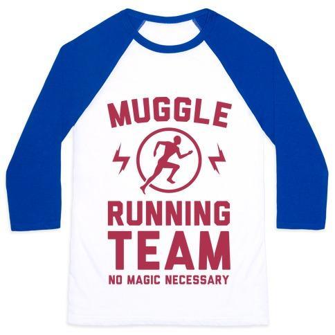 Virgin Teez  Baseball Tee Unisex Classic Baseball Tee / x-small / White/Blue MUGGLE RUNNING TEAM - NO MAGIC NECESSARY UNISEX CLASSIC BASEBALL TEE