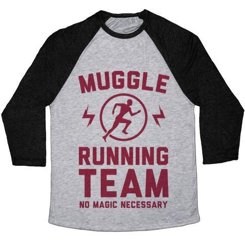 Virgin Teez  Baseball Tee Unisex Tri-Blend Baseball Tee / small / Athletic Gray / Black MUGGLE RUNNING TEAM - NO MAGIC NECESSARY UNISEX TRI-BLEND BASEBALL TEE