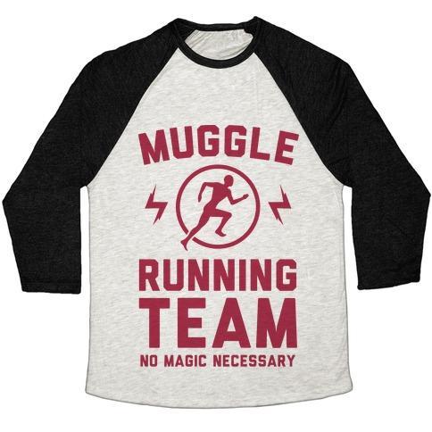Virgin Teez  Baseball Tee Unisex Tri-Blend Baseball Tee / small / Oatmeal / Black MUGGLE RUNNING TEAM - NO MAGIC NECESSARY UNISEX TRI-BLEND BASEBALL TEE