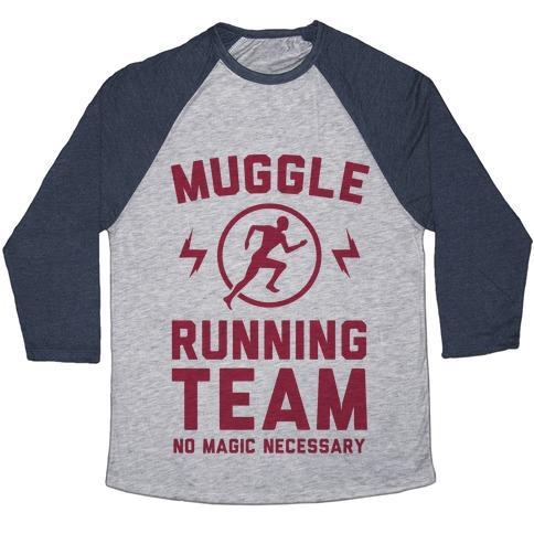 Virgin Teez  Baseball Tee Unisex Tri-Blend Baseball Tee / small / Athletic Gray / Navy MUGGLE RUNNING TEAM - NO MAGIC NECESSARY UNISEX TRI-BLEND BASEBALL TEE