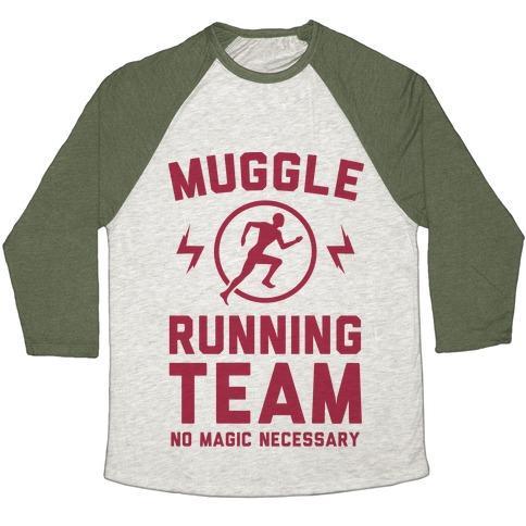Virgin Teez  Baseball Tee Unisex Tri-Blend Baseball Tee / small / Oatmeal / Moss MUGGLE RUNNING TEAM - NO MAGIC NECESSARY UNISEX TRI-BLEND BASEBALL TEE
