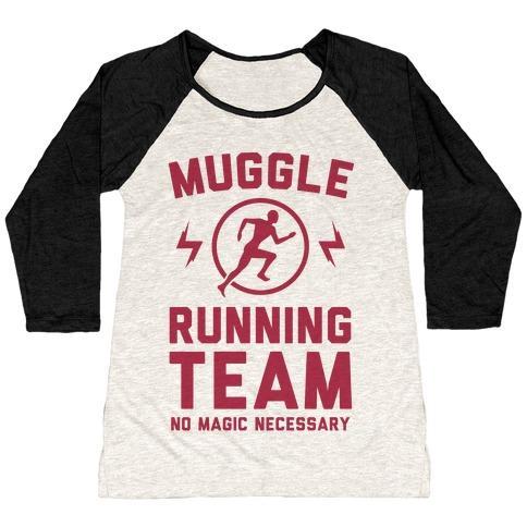 Virgin Teez  Baseball Tee Women's Tri-Blend Baseball Tee / small / Oatmeal / Black MUGGLE RUNNING TEAM - NO MAGIC NECESSARY WOMEN'S TRI-BLEND BASEBALL TEE
