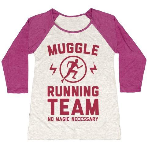 Virgin Teez  Baseball Tee Women's Tri-Blend Baseball Tee / small / Oatmeal / Berry MUGGLE RUNNING TEAM - NO MAGIC NECESSARY WOMEN'S TRI-BLEND BASEBALL TEE