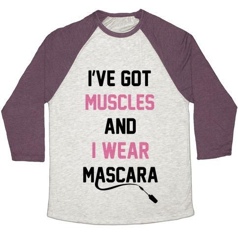 Virgin Teez  Baseball Tee Unisex Tri-Blend Baseball Tee / small / Oatmeal / Maroon MUSCLES AND MASCARA UNISEX TRI-BLEND BASEBALL TEE