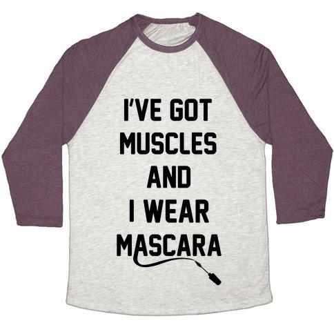 Virgin Teez  Baseball Tee Unisex Tri-Blend Baseball Tee / small / Oatmeal / Maroon MUSCLES AND MASCARA UNISEX TRI-BLEND BASEBALL TEE
