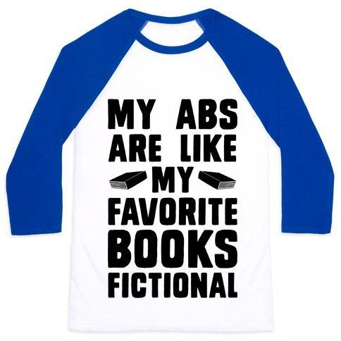 Virgin Teez  Baseball Tee Unisex Classic Baseball Tee / x-small / White/Blue MY ABS ARE LIKE MY FAVORITE BOOK, FICTIONAL UNISEX CLASSIC BASEBALL TEE