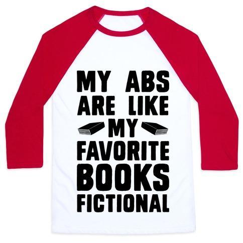 Virgin Teez  Baseball Tee Unisex Classic Baseball Tee / x-small / White/Red MY ABS ARE LIKE MY FAVORITE BOOK, FICTIONAL UNISEX CLASSIC BASEBALL TEE
