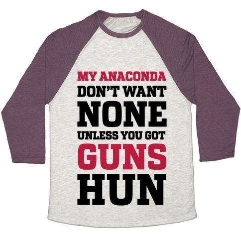 Virgin Teez  Baseball Tee Unisex Tri-Blend Baseball Tee / small / Oatmeal / Maroon MY ANACONDA DON'T WANT NONE UNLESS YOU GOT GUNS HUN UNISEX TRI-BLEND BASEBALL TEE