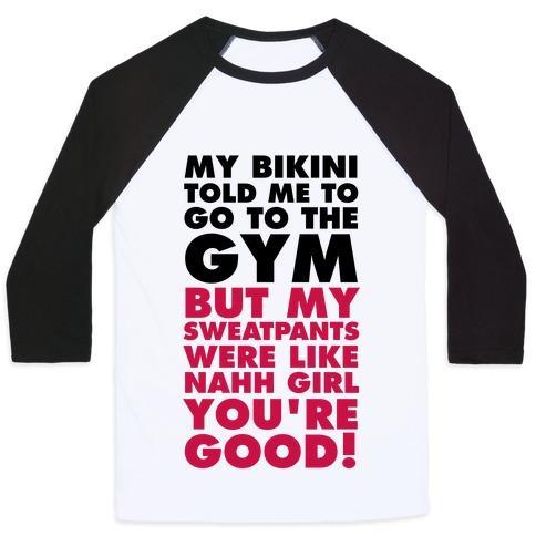 Virgin Teez  Baseball Tee Unisex Classic Baseball Tee / x-small / White/Black MY BIKINI SAYS GYM BUT MY SWEATPANTS SAY COUCH UNISEX CLASSIC BASEBALL TEE