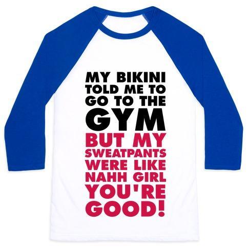 Virgin Teez  Baseball Tee Unisex Classic Baseball Tee / x-small / White/Blue MY BIKINI SAYS GYM BUT MY SWEATPANTS SAY COUCH UNISEX CLASSIC BASEBALL TEE
