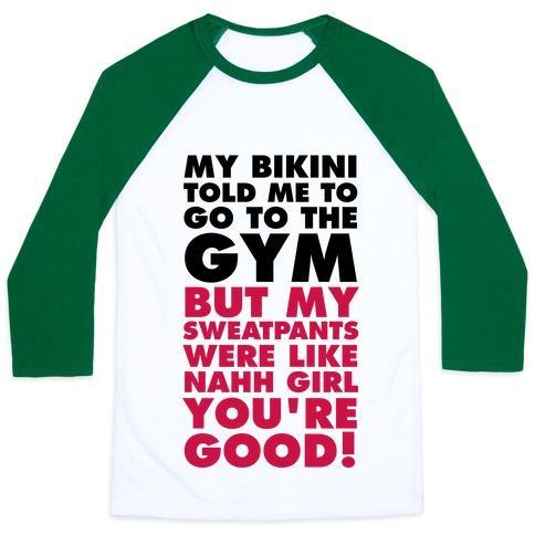 Virgin Teez  Baseball Tee Unisex Classic Baseball Tee / x-small / White/Dark Green MY BIKINI SAYS GYM BUT MY SWEATPANTS SAY COUCH UNISEX CLASSIC BASEBALL TEE