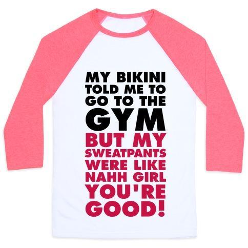 Virgin Teez  Baseball Tee Unisex Classic Baseball Tee / x-small / White/Neon Pink MY BIKINI SAYS GYM BUT MY SWEATPANTS SAY COUCH UNISEX CLASSIC BASEBALL TEE